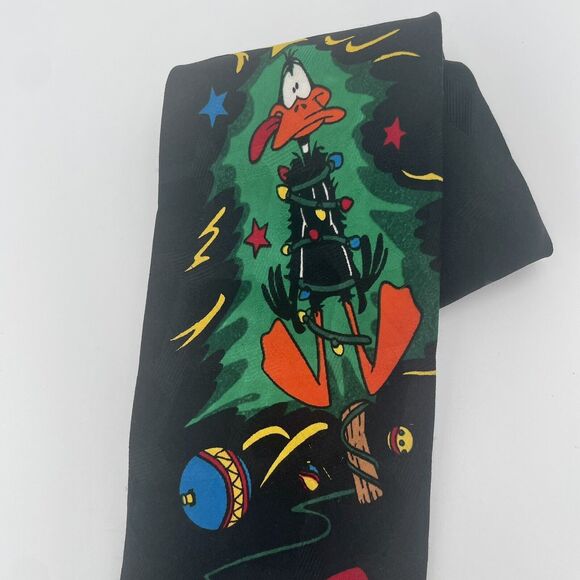 Looney Tunes Mania Tie Tazmanian Devil & Daffy Duck Black Christmas Tie 1995 Fun - Picture 3 of 9